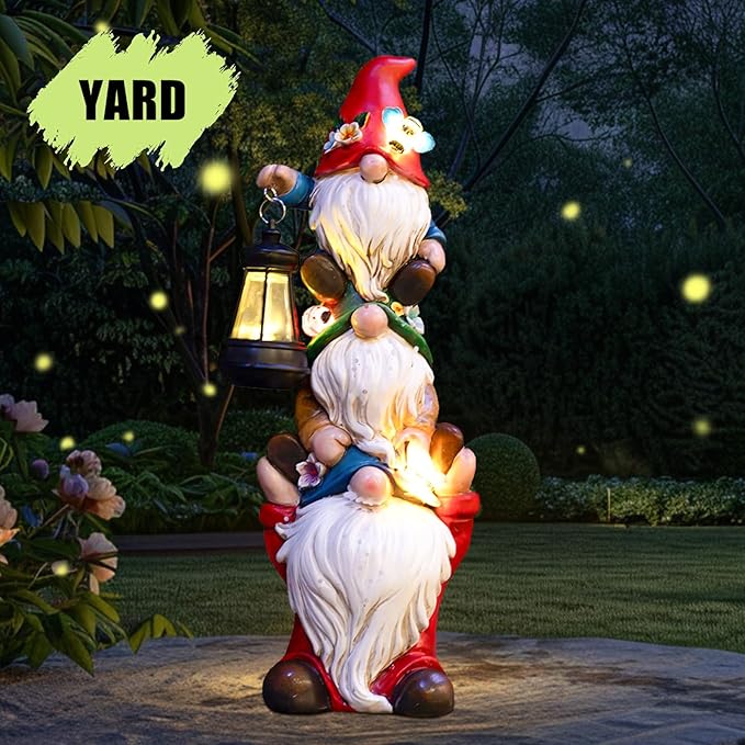 Garden Gnome Statue with Solar Lights Garden Sculptures Funny Triple Gnome Outdoor Patio Lawn Yard Balcony Home Decor Birthday Gift for Woman Grandma 12 in Spring Gnomes