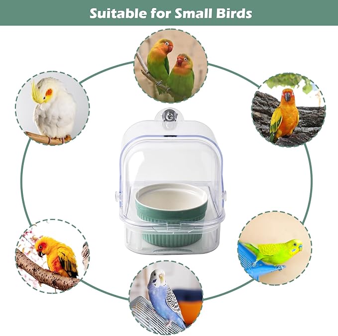 Bird Cage Feeder with Ceramic Bowl,2 in 1 No Mess Bird Feeder and Transparent Parakeet Bathtub with Bottom Drawer Hanging Tube Shower Box for Birds Budgies Parakeet Small Parrot Cockatiels