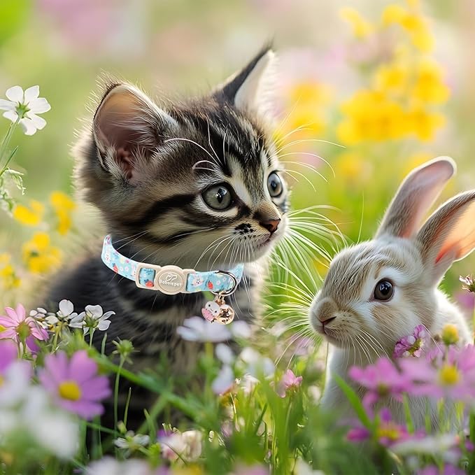 2 Pack Easter Bunny Cat Collars - Cute Breakaway Easter Cat Collar with Bell & Bunny Pendant, Adjustable Spring Holiday Pink Blue Kitten Collars for Boy Girl Cats