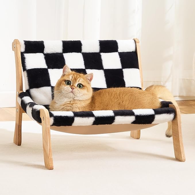 Solid Wood Cat Couch Bed for Indoor Cats, Modern Cat Sofa with Ultra-Soft Plush Surface Washable, Reclined Backrest, Elevated Plush Cat Lounge for Small to Adult Cats, Black & White