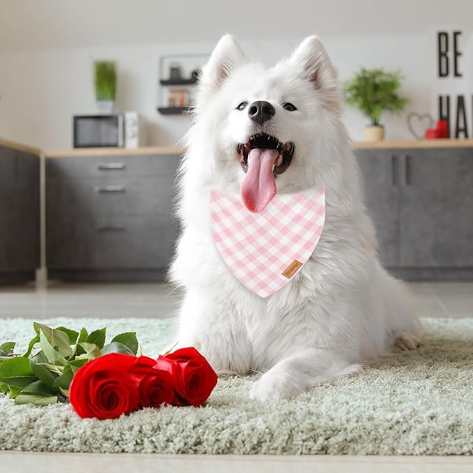 2Pcs Pink Plaid Dog Bandanas Valentine's Triangle Pet Scarf Adjustable Puppy Neckerchief Dog Bib for Medium Large Cat Costume Accessories