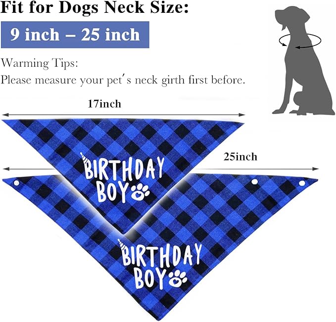 AnF Birthday Plaid Dog Bandana and Triangle Dog Scarf - Soft Cotton, Dual Layer, Washable Bandanas with Adjustable Button for Girls & Boys - Small to X-Large Dogs