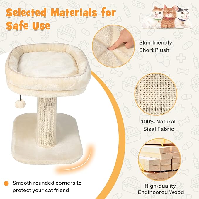 Tangkula Cat Tree for Indoor Cats, 2-Tier Cat Tower with Top Perch & Sisal Scratching Panel & Jingling Fur Ball Toy, Cozy Cat Bed with Scratching Post, Modern Small Kitten Activity Center (Beige)
