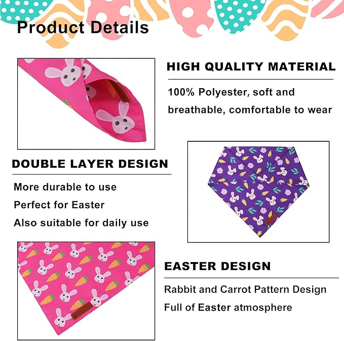 ADOGGYGO Easter Dog Bandana 2 Pack, Bunny Carrot Print Triangle Pet Scarf, Premium Fabric, Reversible Purple Pink Easter Bandana for Small Dogs (Small)