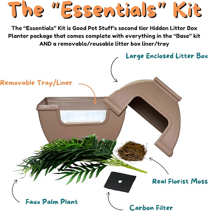 Good Pet Stuff Hidden Litter Box Planter, Decorative Cat Litter Enclosure with Carbon Filter, Artificial Plant, Easy Clean, Indoor Design, Courtyard Square Style, Essentials Kit, Mocha Brown