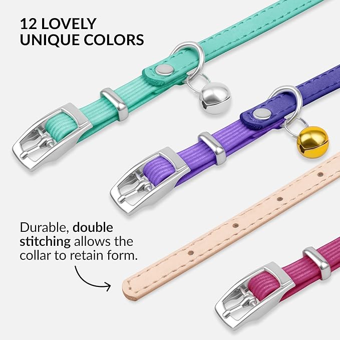 CollarDirect Leather Cat Collar with Bell - Kitten Collar, Small and Big Cat Strap for Boy Cats, Girl Cats with Safety Elastic Strap (Neck Fit 8"-11", Beige)