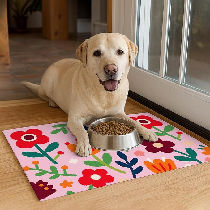 Pet Feedings Mats 20x12 inch Floral Print Pet Bowl Placemat Non Slip Mat for Cat and Dog Food and Water Indoor Pet Feeding Station Colorful Meal Mat for Small Pets Kitchen Floor Use