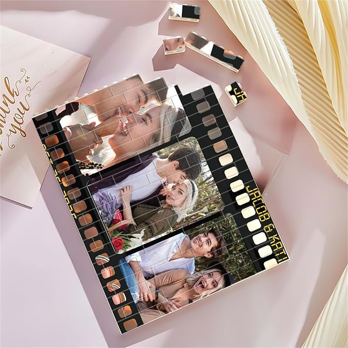 NAZENTI Personalized Couple Photo Building Blocks for Him, Custom Couples Photos Camera Film Roll Puzzle Gift for Valentine Anniversary Birthday, Memory Film Gifts for Boyfriend Husband