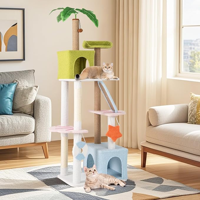 Tangkula 71 Inch Tall Cat Tree, Multi-Level Aesthetic Beach-Themed Cat Tower with Sisal & Jute Scratching Posts, 2 Cat Condos, Perch, Artificial Plant, Hanging Toys, Indoor Cat Activity Center