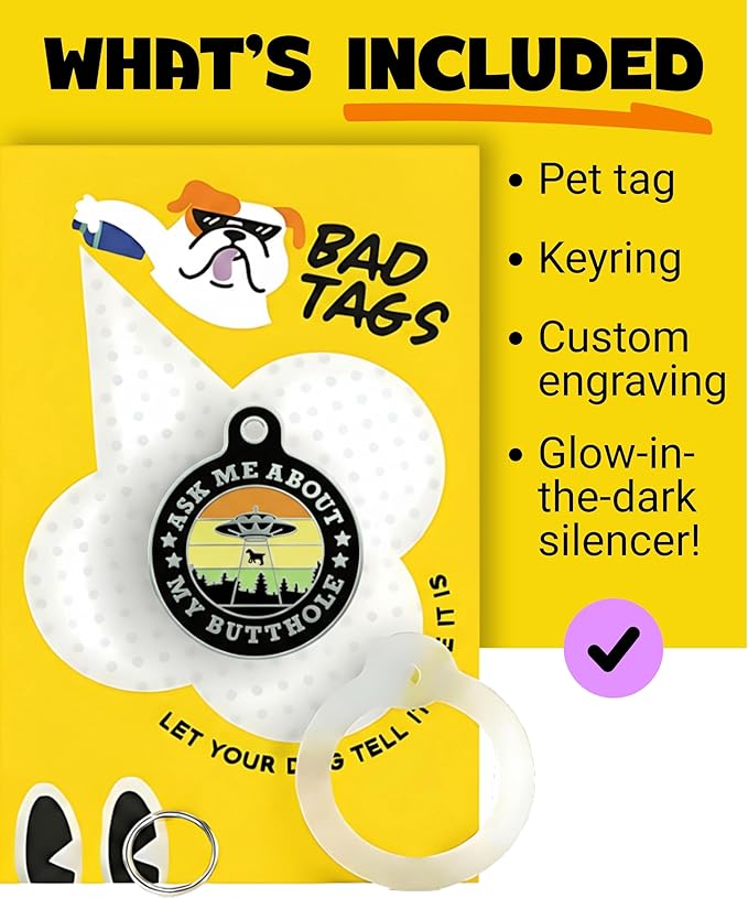 Bad Tags Personalized Dog and Cat ID Tags in 25+ Designs and 2 Sizes - 5 Lines of Custom Engraved Text - Funny Cute Personalized Pet Tags (Ask Me About My Butthole - Black, Small (1 inch))