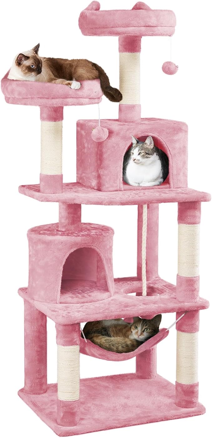 Yaheetech 62.5inches Cat Tree Cat Tower Cat Condo with Platform & Hammock, Scratching Posts for Kittens Pet Play House with Plush Perch for Indoor Activity Relaxing, Pink