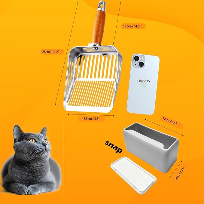 Rustproof & Unbreakable 304 Stainless Steel Metal Cat Litter Scoop with Holder Stand, One-Piece Pressed Design with No Welds, Easy Bottom Scooping, Reinforced Anti-Break Handle