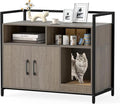 Giantex Cat Litter Box Enclosure - Cat Washroom Hidden Furniture with Front Entry, Scratcher, 2-Door Storage Cabinet, 2 Compartments, Air Vents, Metal Frame, Wooden Pet Crate House (Oak Gray)