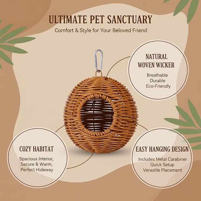 Parakeet Nest Bird Cage Accessories, Chew-Proof Steel Frame & Washable Small Bird Hanging Bed for Lovebirds, Canaries, Budgies 、Lizards, Hamsters(Brown, 6.3"x6.3"x7.5")