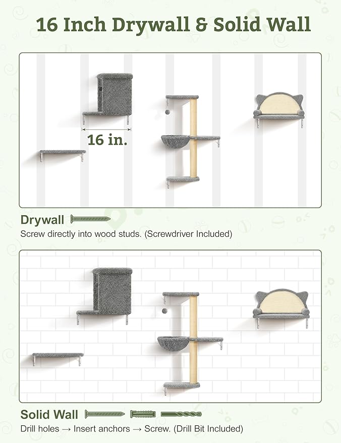5-in-1 Cat Wall Shelves, Solid Wood & Velvet & Sisal Scratcher, 44lbs Max Load, Wall Mounted Cat Furniture for Climbers, Cat Climbing Wall System, Fits Drywall & Solid Walls - Cool Gray