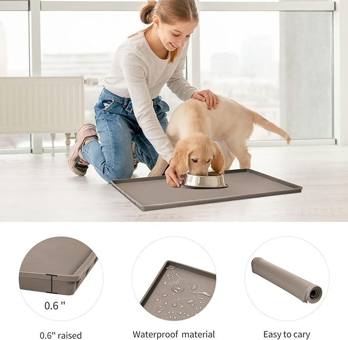 Dog Food Mat,Silicone Waterproof Food Tray,Non Slip Pet Bowl Mats Placemat,0.6" Raised Edge,Suitable for Most Small and Medium Sized Pets,24" x 16"