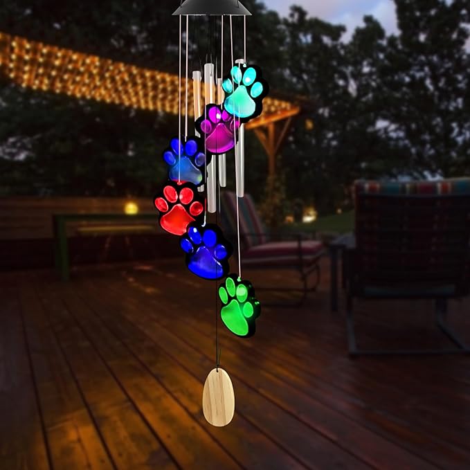 Paw Print Solar Wind Chimes for Outside,Color Changing Paw Prints Wind Chimes Solar Lights Outdoor Yard Decor,Dogs Cat Pet Pawprint Wind Chime,Sympathy Gift for Pet Lover,Garden Gift for Mom Grandma