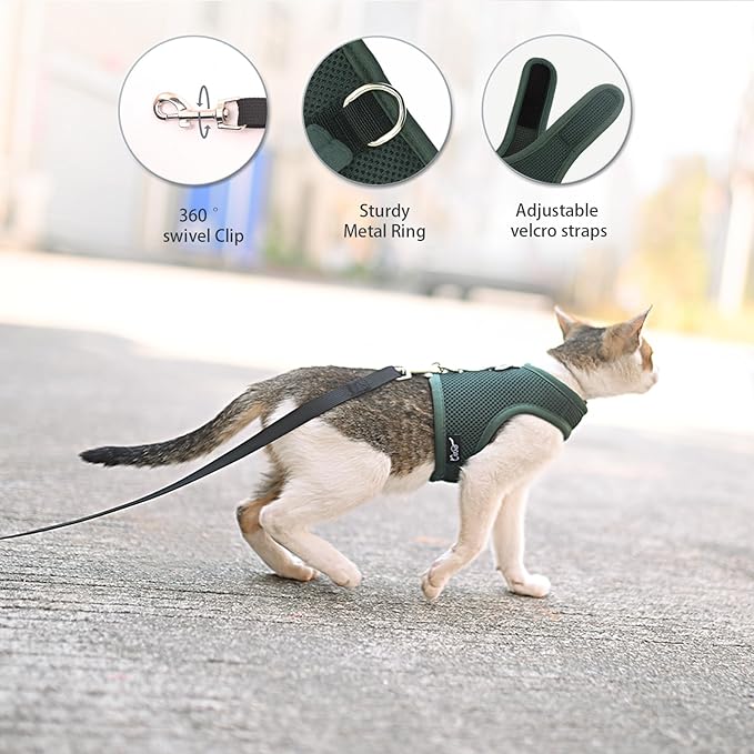 Kitty Harness and Leash for Walking Escape Proof Breathable Mesh Fabric, Solid Green, X-Small, Adjustable Cat Walking Jackets, Padded Stylish Cat Vest