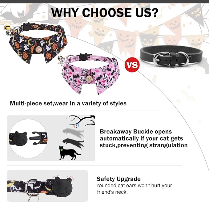 Halloween Cat Collar with Bells & Cute Pendant - Breakaway, Adjustable, 2-Pack Kitten Collar Safety for Female & Male Pets