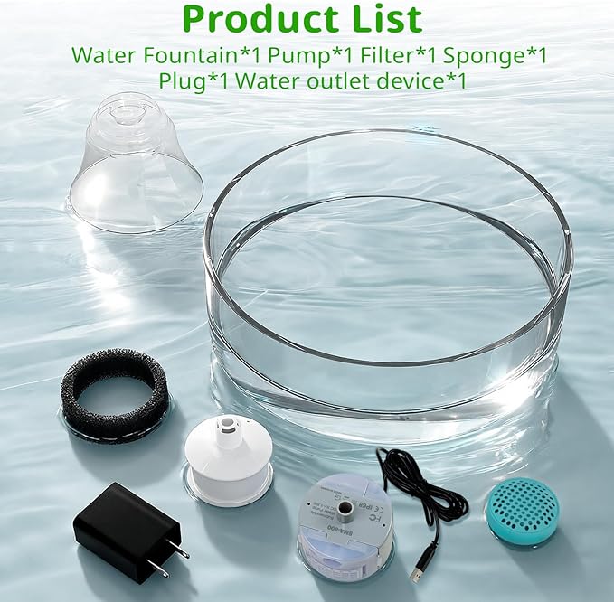 Glass Cat and Dog Water Fountain 90oz/2.7L, Automatic Pet Water Dispenser with Quiet Pump, Drinking Fountain for Cats and Small Dogs, Easy to Clean