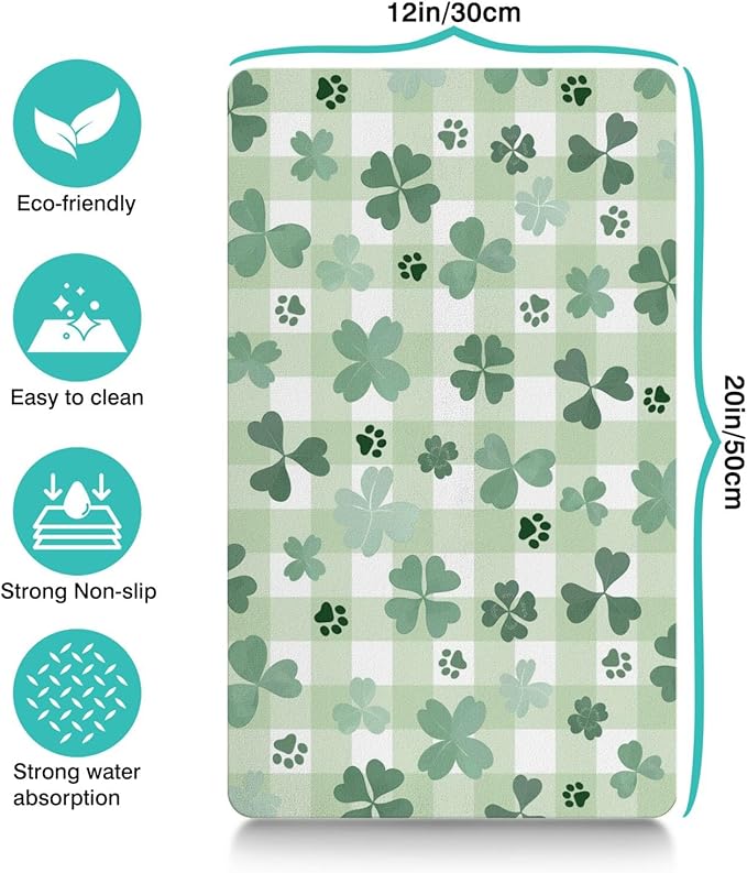 St Patricks Day Dog Food & Water Mat, Green Shamrocks Paw Prints Clover Pet Feeding Mat for Floor Non-Slip Waterproof, Super Absorbent Cat Bowl Mat, Easy to Clean Pet Placemat,12" × 20"