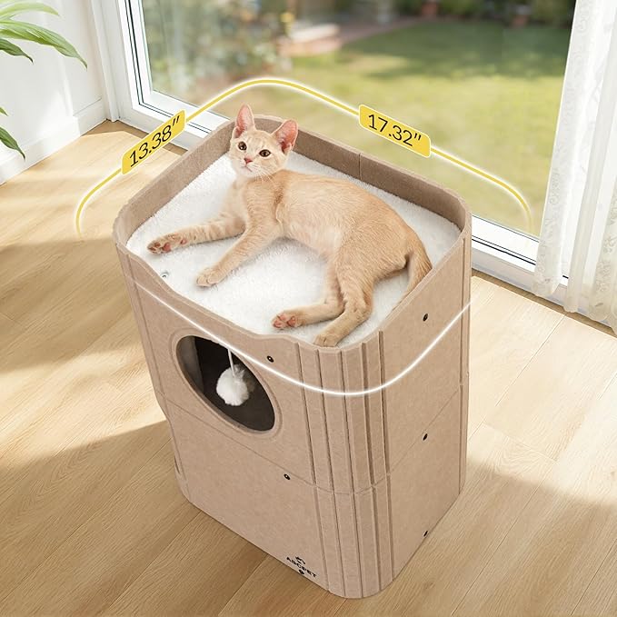 Cat House for Indoor Cats, 2-Storey Cat Bed Cave, Felt Cat Hideaway Condo with Resistant Scratching Freedom Kitten Cube for Multicats Beige