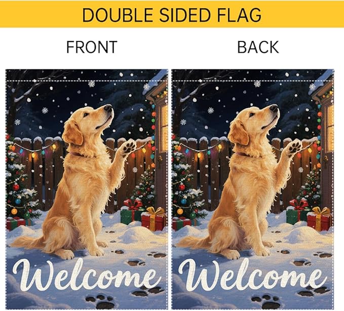 Golden Retriever Welcome Garden Flag 12x18 Inch Double Sided Christmas Winter Burlap Outdoor Yard Decoration Holiday Dog Banner for Porch Patio Lawn