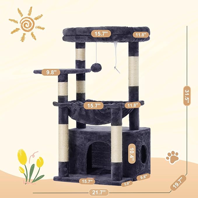 Heybly Cat Tree, Kitten Tower with Large Soft Cat Basket, Cat Condo with Spacious Cat Bed Cave with Hidden Space, Sisal-Covered Scratching Posts, Dangling Ball for Indoor Cats, Smoky Gray HCT008SG