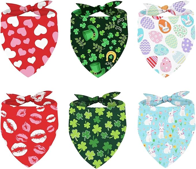 Whaline 6 Pack Valentine's Day Pet Bandanas Heart Pet Neckerchief Shamrock Clover Triangle Dog Bibs Easter Spring Bunny Dog Collar Scarf St. Patrick's Day for Pet Costume Accessories