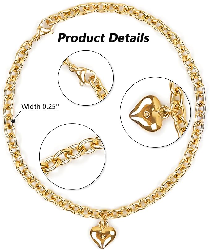 HOWWFALY Dog Collar and Cat Chain Necklace Stainless Steel Adjustable 18K Gold Heart-Shaped Necklace for Small Pets Cats Kitten Puppy (Gold, 10 inch)