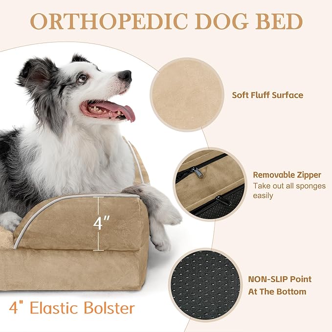Comfort Expression Orthopedic Dog Bed for Large Dogs 35x22 Inch, Waterproof Supportive Egg Crate Foam Large Pet Bed with Removable Bolster, Dog Couch with Washable Cover & Non-Slip Bottom, Light Brown
