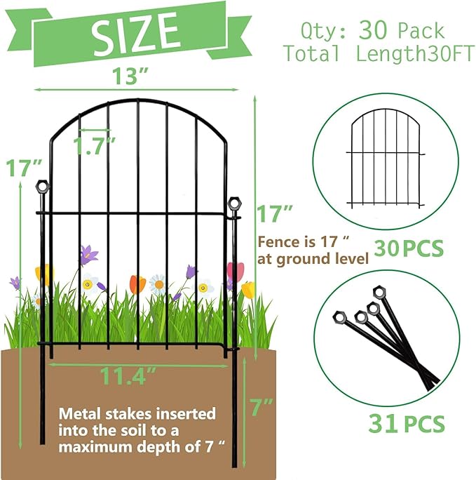 Decorative Garden Fence 17in x30ft, 30 Pack Rustproof Metal No Dig Fence Animal Barrier for Dog, Arched Flower Bed Edging Ornamental Wire Border Panel Fencing (Black, 30 Panels-17in(H) x30ft(L))