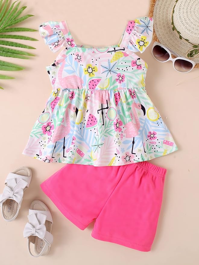 Toddler Baby Girls Summer Clothes Outfits Ruffled Sleeve Dinosaur Shirt Leopard Tops and Shorts Pants Sets 2PCS
