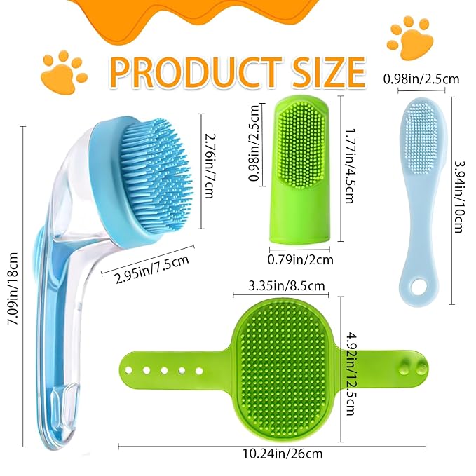 7 PCS Pet Bath Brush Set, Dog Bath Brush with Shampoo Dispenser, Cat Chin Cleaning Brush, Dog Toothbrush, Adjustable Glove Massage Brush, Pet Scrubber for Bathing Long Short Haired Dogs Cats