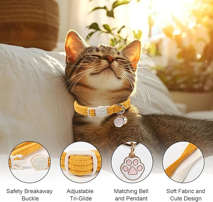 2 Pack Corduroy Cat Collars - Cute Breakaway Cat Collar with Bell and Paw Pendant, Soft Adjustable Fall Winter Kitten Collars for Girl Boy Cats, Yellow&White