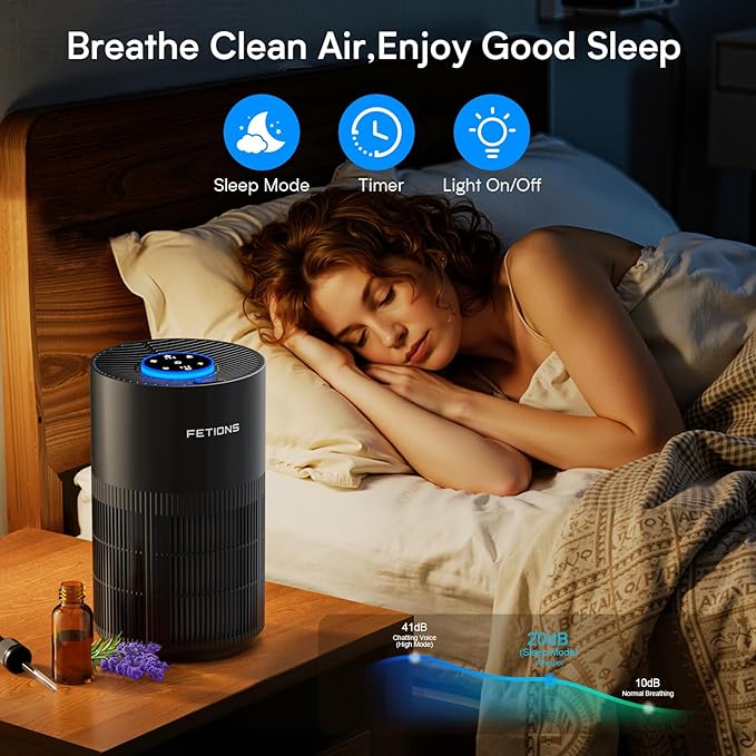 Air Purifiers for Bedroom with H14 True HEPA, Quiet Air Cleaner With Sleep Mode Night Light, Small Air Purifier Covers Up to 1200ft², 360° Air Intake, 3 Speeds, Timer, Aroma Function, Black