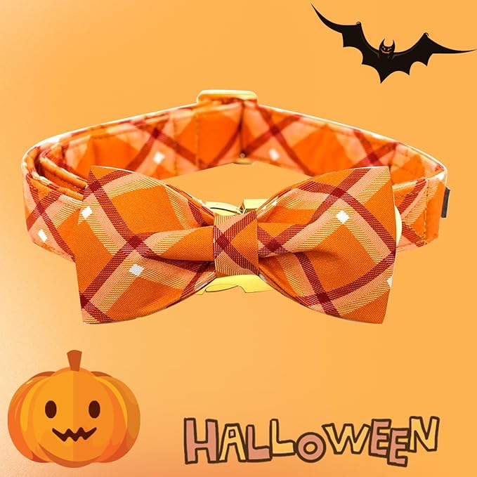 Fall Dog Collar, Pet Collar Bow Orange Plaid Dog Collar Girl Boy Holiday Pet Collar Gift Collars Cute Soft Puppy Collars for Small Dogs