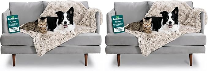 Furhaven Waterproof Throw Blanket for Dogs & Indoor Cats, Washable - Shaggy Plush Calming Long Faux Fur & Velvet Dog Blanket - Driftwood, Large (Pack of 2)