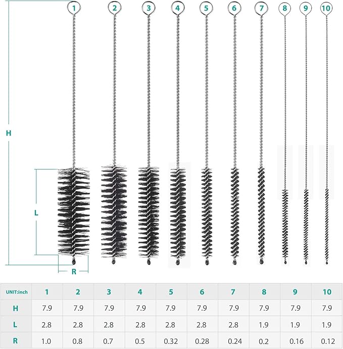 CiaraQ Bottle Cleaning Brushes, 8 Inch Nylon Tube Brush Set, Cleaner for Narrow Neck Bottles Cups with Hook, Set of 10pcs