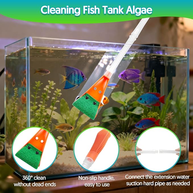 Fish Tank Cleaner Gravel Vacuum for Aquarium Water Changer Aquarium Siphon with Double Sided Sponge Brush Algae Scraper Fish Tank Cleaning Kit for Cleaning Gravel & Sand (Orange)