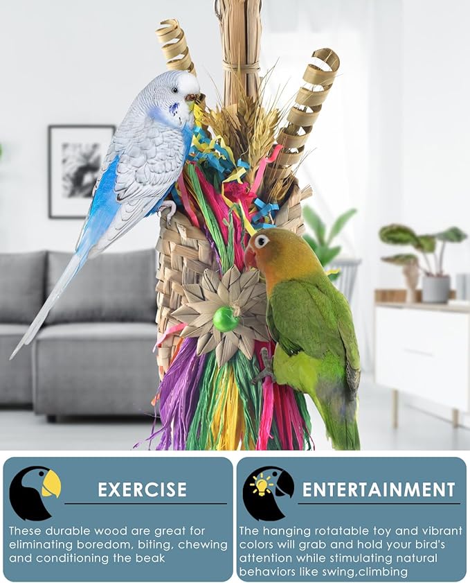 Bissap Bird Chew Toys, Parrot Foraging Shredder Natural Palm Frond Woven Bag Hanging Cage Toy with Chewing Treats for Conure Budgie Cockatiel Cockatoos and Similar Sized Pet Birds