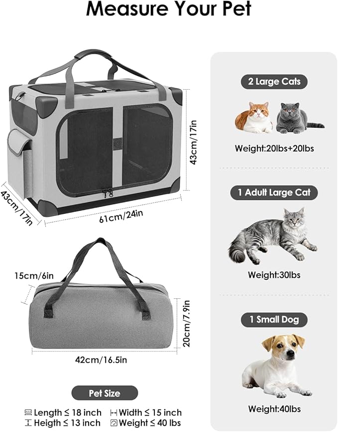 Extra Large Cat Carrier for 2 Cats, XL with Removable Divider, Foldable Soft-Sided Pet Carrier with Storage Tote, Portable Travel Crate for Large Cats, for Car & Home Use, 24" x 17" x 17"
