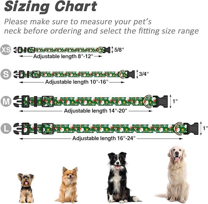 Reflective Dog Collar, Cute Christmas Style Dog Collar for Small Dogs, Soft Nylon Puppy Collar for Boy and Girl Female Dog, Adjustable Heavy-Duty Pet Collars with Quick Release Buckle, Green