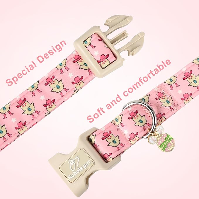 Easter Dog Collar for Medium Dogs - Cowgirl Chick Easter Collars for Dogs, Pink Girl Dog Collar, Adjustable Spring Holiday Pet Collars with Quick Release Buckle M