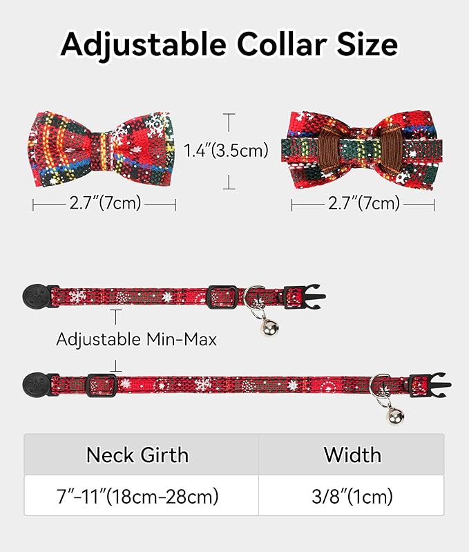 Joytale 2 Pack Christmas Cat Collar with Bells, Breakaway Cat Collars with Bow Tie, Girl Boy Safety Plaid Kitten Collars, Christmas Red+Green