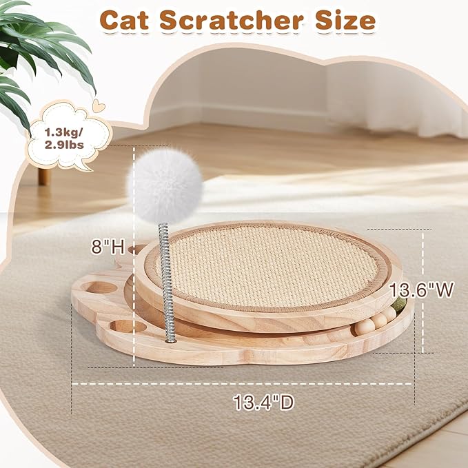 Cat Scratcher-Cat Interactive Toys, Ball Track Toy with Sisal Scratching Pad, 6 Track Balls & 1 Spring Ball – No Assembly Cat Toys and Balls Activity Center for Indoor Cats