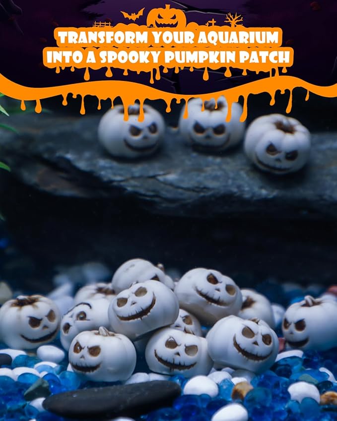 Uniclife 20 Pcs Halloween Mini Pumpkin Decorations, Halloween Fish Tank Decor, Spooky Smiling Face Mini Pumpkins, Jack-O'-Lantern Miniature Vase Fillers, White Resin Artificial Figurines