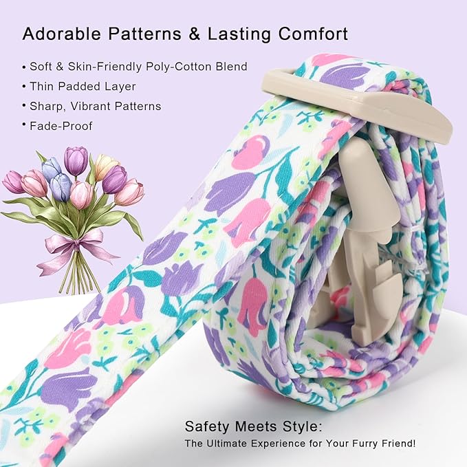 Floral Dog Collar for Medium Dogs - Pink Purple Tulips Print Dog Collars, Spring Summer Cute Flower Puppy Collar, Lightweight Adjustable April Holiday Boy Girl Dogs Collars M