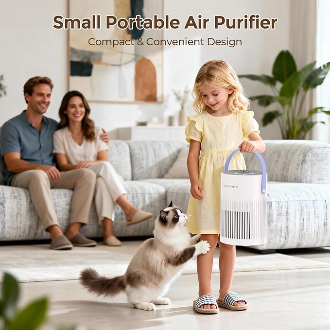 Air Purifiers for Bedroom, Jafända Pet Hair Air Purifier, Max 650 ft², 3-in-1 Filter, H13 HEPA Air Filter, 20dB Quiet Sleep Mode, 7-Night Light, Portable Handle for Home, Remove Dust, Smoke, Odor