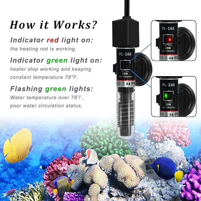 PULACO 25Watt Mini Aquarium Submersible Betta Heater with Free Thermometer Strip for 1-6 Gallon Fish Tanks (Preset Temperature 78℉)